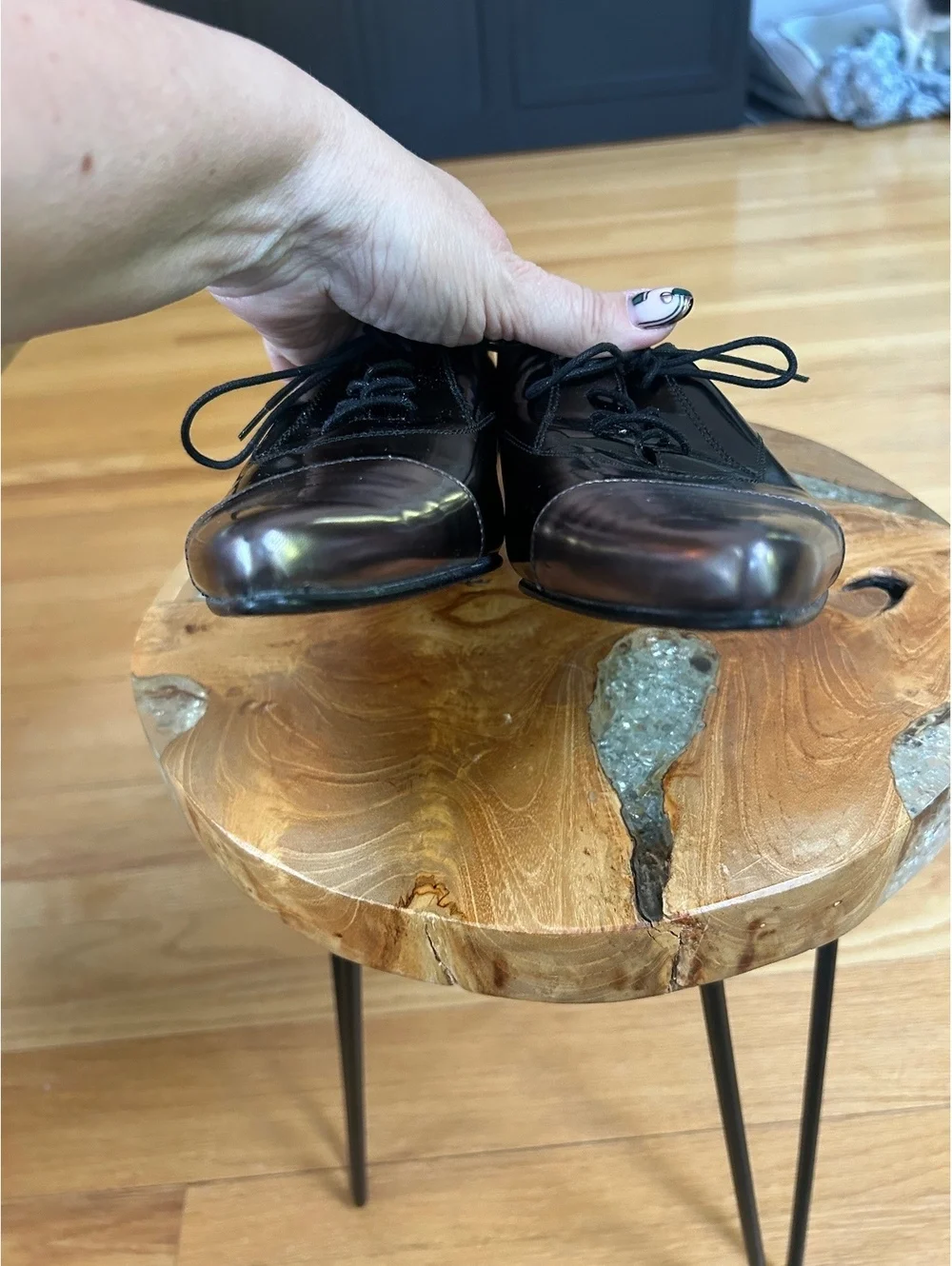 Stuart Weitzman Black Leather Pointed Toe Lace-Up Flats with Metallic Cap